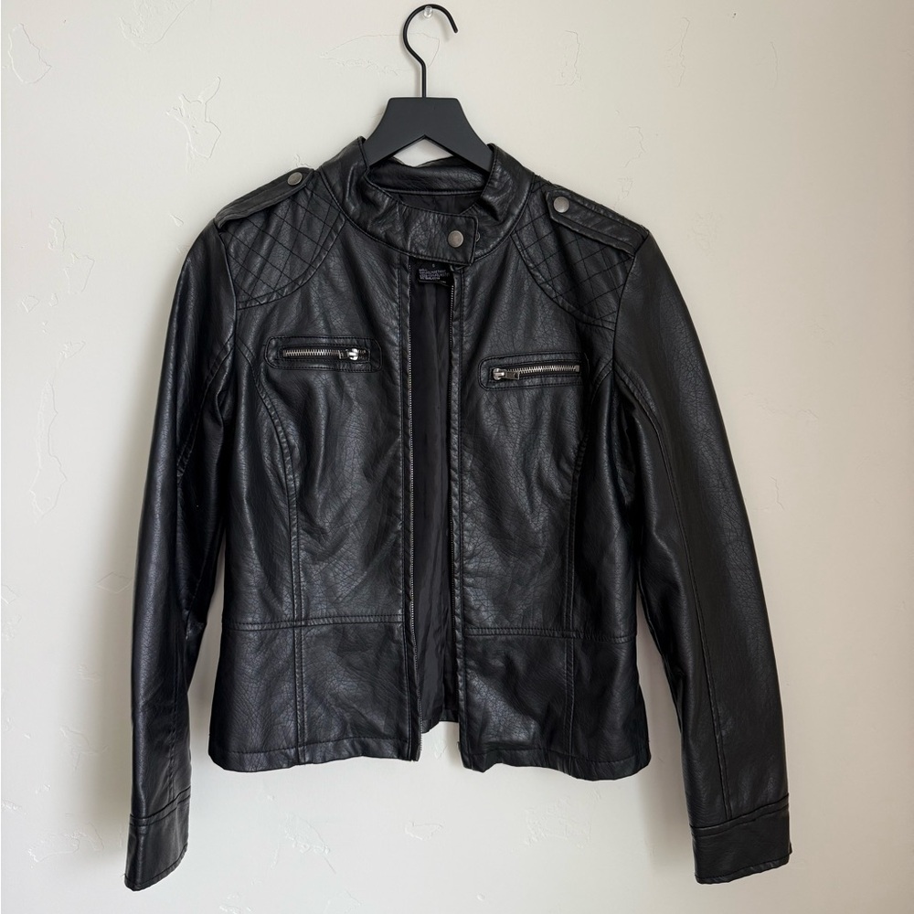 Black Faux Leather Moto Jacket - Women
